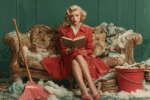 woman in a red dress reading a book while surrounded by dirt an cleaning equipment